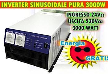 INVERTER 24VCC/230V SINUSOIDALE Ingresso:24Vdc Uscita:230Vac /50Hz Forma d onda: Sinusoidale Pura Thd:<2 Potenza nominale: 3000W Picco:6000W