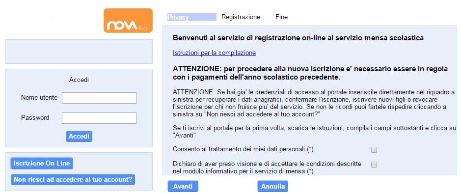 CAPITOLO 1 Utenti che non hanno precedentemente ottenuto le credenziali al portale, ovvero genitori che iscrivono il primo figlio al servizio mensa, oppure genitori che non hanno mai usufruito dei