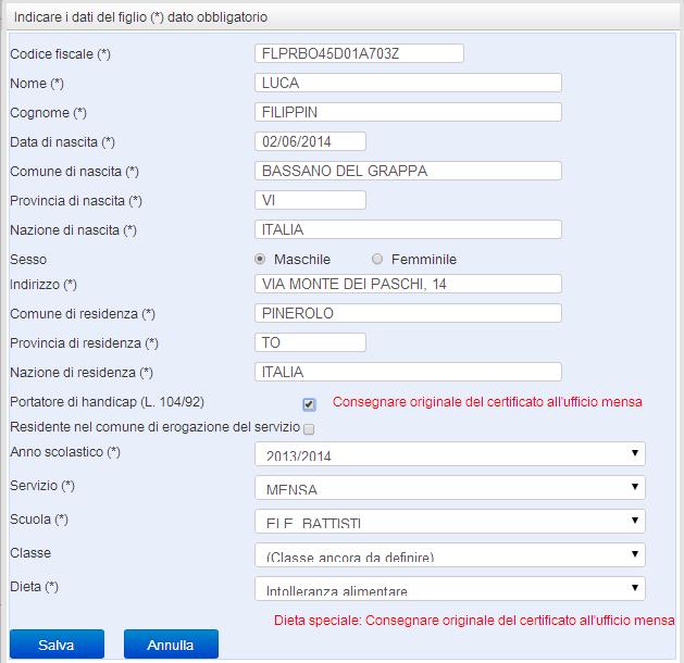 Sezione 3 Figli da iscrivere al servizio mensa. Alla sezione Figli da iscrivere al servizio mensa troverete i dati relativi all iscrizione del figlio per l anno precedente.