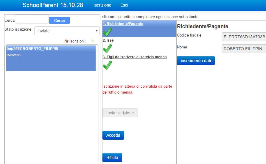 Selezionando le sezioni nel riquadro centrale (Richiedente/Pagante, Isee, Figli da iscrivere al servizio mensa) sarà possibile consultare i dati inseriti dai