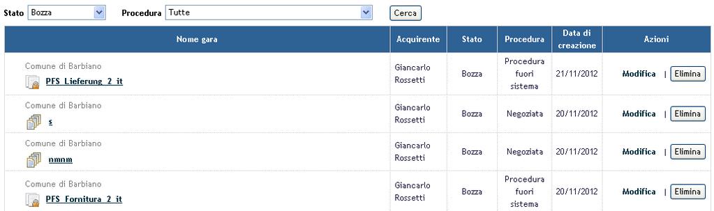 possibile ricercare le gare utilizzando due criteri: Stato: scegliendo tra le