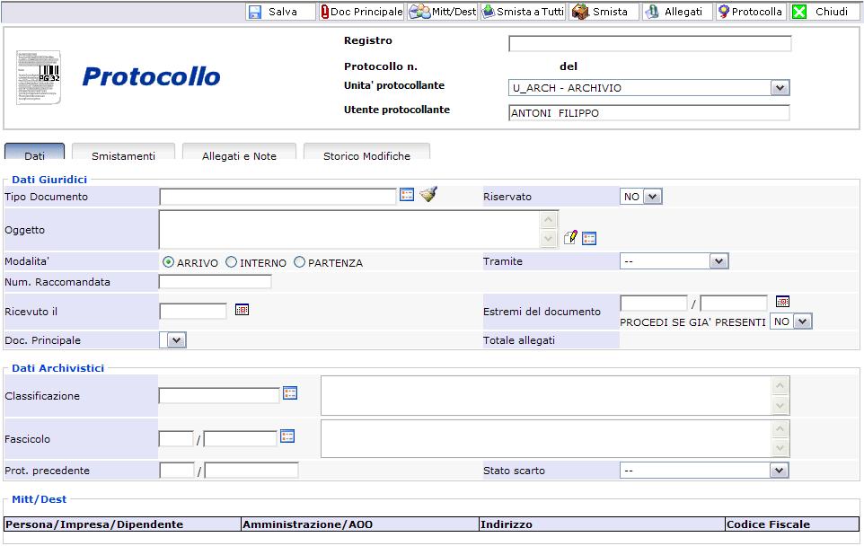 Nella parte superiore del modello sono visibili: 1) la barra funzioni (pulsantiera) che all apertura del modello di protocollo presenta i seguenti pulsanti: Salva: consente di salvare in ogni momento