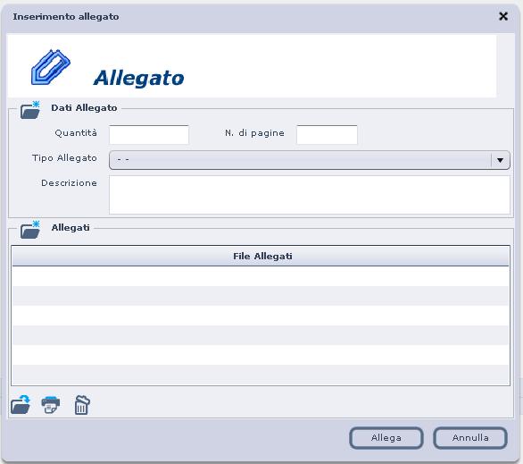 Scegliendo l inserimento di un nuovo allegato, il sistema presenta la nuova maschera: È possibile inserire i dati riguardanti la quantità, il numero di pagine, scegliere dal menu a tendina la