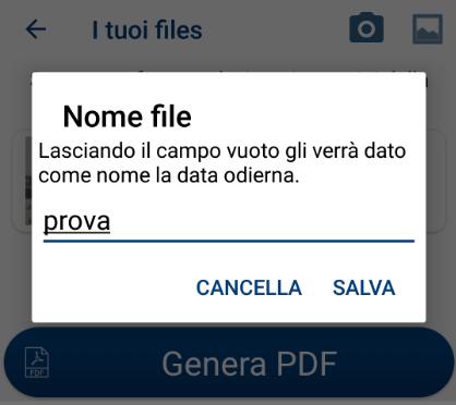 Da questa pagina è possibile: eliminare il file, tramite l icona generare il file pdf da mandare in archivio. Per generare il formato PDF, dei files, fare Tap su Genera PDF.