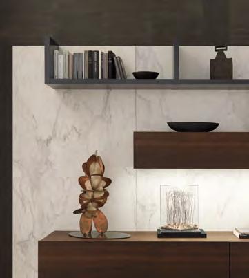 Right: details of the Tao composition with containers in veneered Oak Fumè, Crossing bookshelf elements in matt lacquered finish, paneling in Techno-Marble and