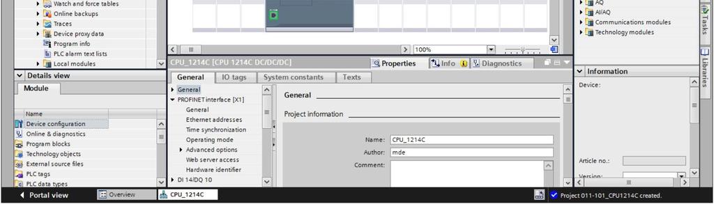 TIA Portal passa automaticamente alla vista progetto e mostra nella configurazione dispositivi la CPU selezionata nel posto connettore 1 di una guida profilata normalizzata.