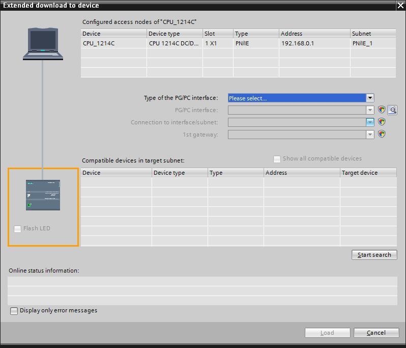 7.6 Caricamento della configurazione hardware nel dispositivo fi Per caricare l intera CPU selezionare nuovamente la cartella fi CPU_1214C [CPU1214C DC/DC/DC] e fare clic sul simbolo fi Download to