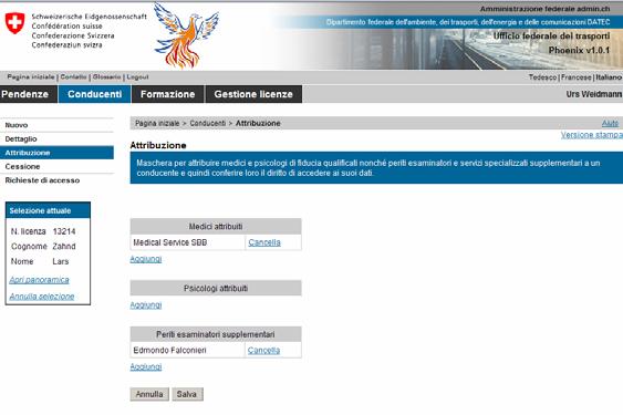 1.2. Attribuzione Cliccare su "Attribuzione" per attribuire al conducente selezionato un medico o psicologo di fiducia oppure periti esaminatori supplementari.