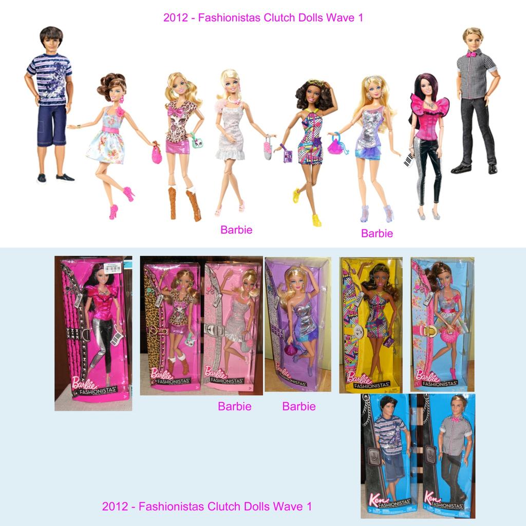 2012 - Barbie Fashionistas Clutch Dolls. Wave 1 Questa serie di bambole è stata lanciata negli Stati Uniti a novembre 2011 e in Europa a gennaio 2012.