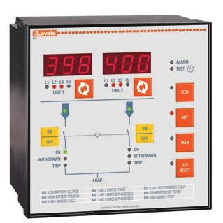 sulle linee: - Sequenza e mancanza fase - Tensione massima e minima - Asimmetria tensione - Frequenza massima e minima Doppio display per monitoraggio linee principale e secondaria (ATL 20/30) 15 led