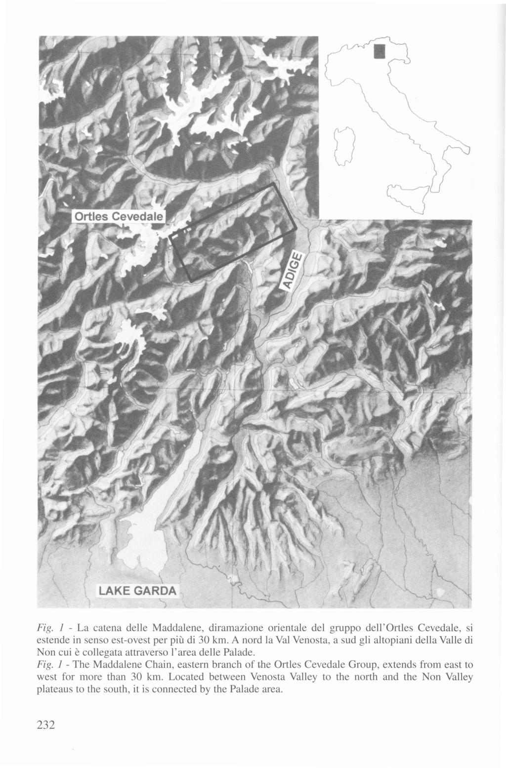 Fig. 1 - La catena delle Maddalene, diramazione orientale del gruppo dell' Ortles Cevedale, si estende in senso est-ovest per più di 30 km.
