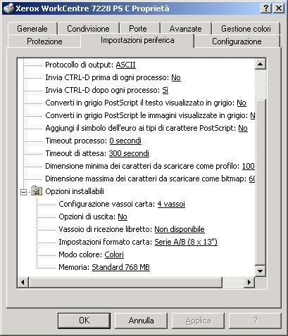 4 Sistema operativo Windows 2000, Windows XP o Windows Server 2003 Impostazioni della scheda Impostazioni periferica Questa sezione descrive le Opzioni installabili della scheda Impostazioni