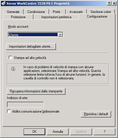 4 Sistema operativo Windows 2000, Windows XP o Windows Server 2003 Impostazioni della scheda Configurazione Questa sezione descrive le impostazioni della scheda Configurazione.