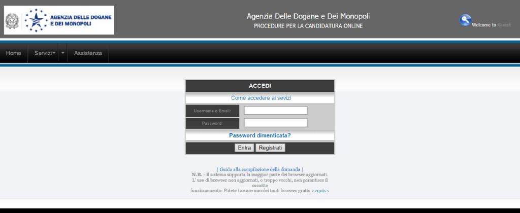 ISTRUZIONI PER COMPILARE LA DOMANDA Per compilare la domanda di partecipazione ai concorsi è necessario registrarsi al servizio inserendo una User ed una Password (RICORDARE QUESTI DATI, NECESSARI