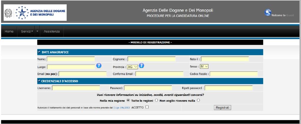 Una volta compilati tutti i campi, inserire una propria Username e Password, quindi cliccare su ACCETTO e poi sul pulsante REGISTRATI ATTENZIONE nel campo