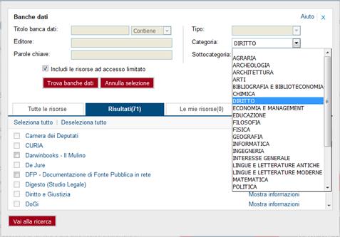 Ricerca di una Banca dati (per Categoria) Seleziona la categoria disciplinare di interesse dal menu a tendina Clicca sul nome