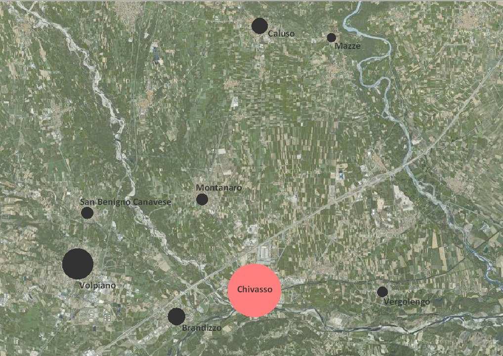 Figura 1: Comuni limitrofi a Chivasso in funzione del numero di abitanti L'area di studio è situata all'estremità del territorio a nord di Chivasso.