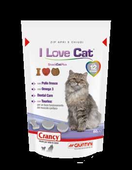 Crancy I Love Cat SnackCatPlus MANGIME COMPLEMENTARE PER GATTI I Love Cat è uno snack gustoso con carne fresca, 12 vitamine, con una forma particolare di fibra insolubile che favorisce pulizia dei