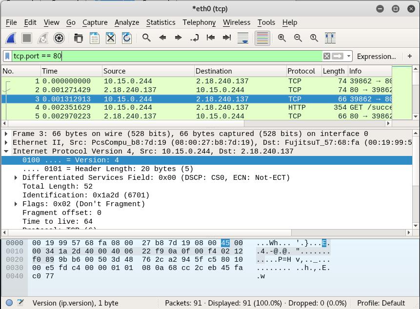 Wireshark: visualizzazione della cattura Selezione pacchetto