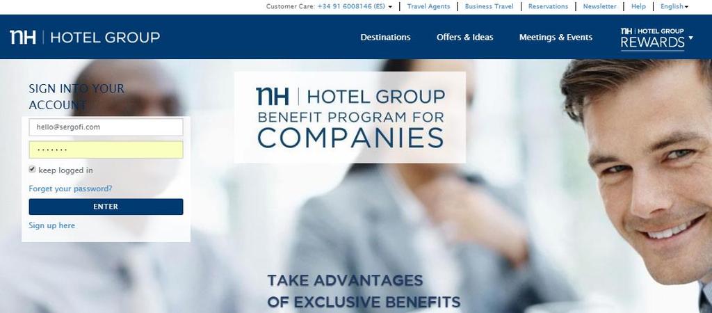 3. Come effettuare il Log-In 1 Vai sul sito www.nh-hotels.com (o in qualsiasi versione (ex..es,.de, etc.