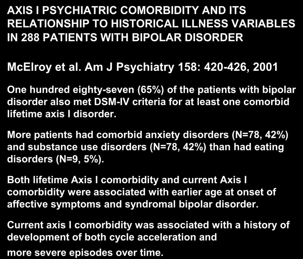 AXIS I PSYCHIATRIC COMORBIDITY AND ITS RELATIONSHIP TO HISTORICAL ILLNESS VARIABLES IN 288 PATIENTS WITH BIPOLAR DISORDER McElroy et al.
