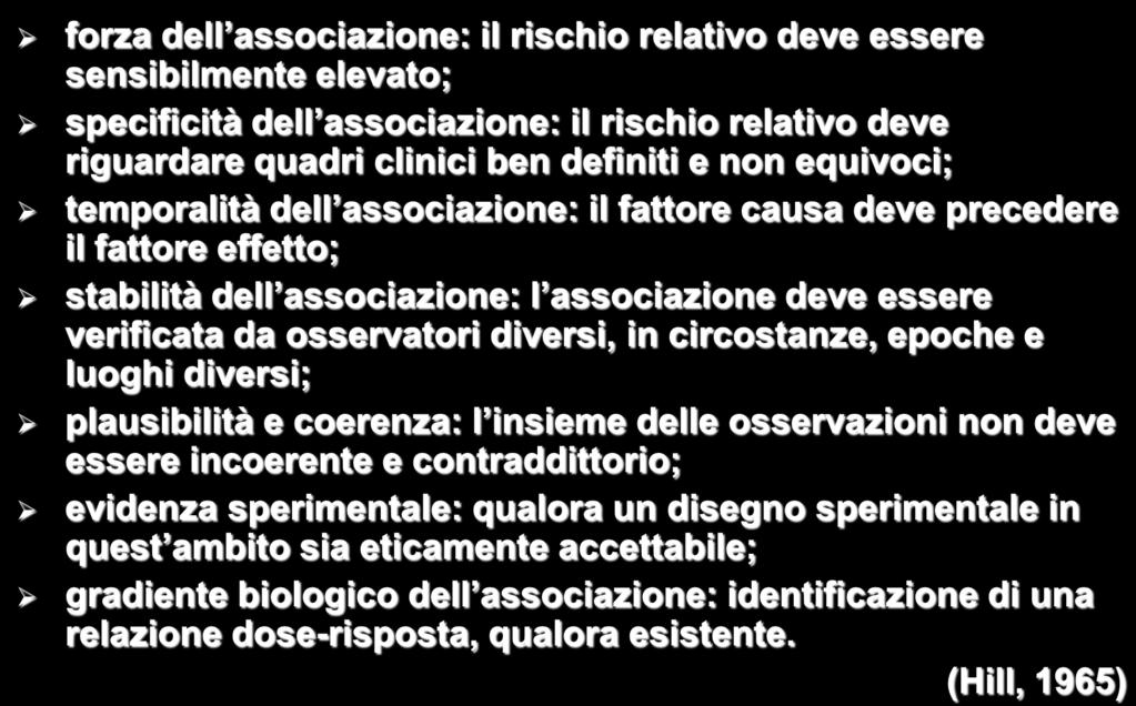 ALCUNI REQUISITI LOGICI DEVONO ESSERE SODDISFATTI PER PASSARE DAL LIVELLO EPIDEMIOLOGICO D ASSOCIAZIONE AL LIVELLO INTERPRETATIVO CAUSALE: forza dell associazione: il rischio relativo deve essere