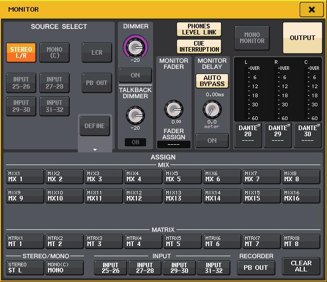 Funzioni Monitor (Monitoraggio) e Cue (Segnale di attivazione) Finestra MONITOR È possibile effettuare impostazioni dettagliate per il monitoraggio.