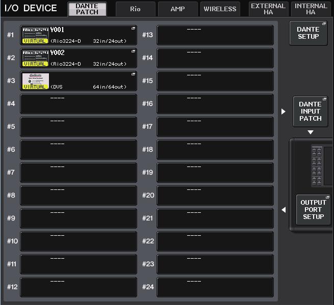 Dispositivi I/O e preamplificatori esterni Dispositivi I/O e preamplificatori esterni Schermata I/O DEVICE (pagina DANTE PATCH) In questo capitolo viene descritto come utilizzare un dispositivo I/O o