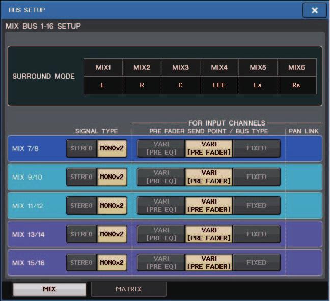 Configurazione Se si imposta la modalità Surround, la schermata BUS SETUP avrà l'aspetto illustrato di seguito. H Indicazione della versione Indica il numero di versione della CPU e del modulo DANTE.