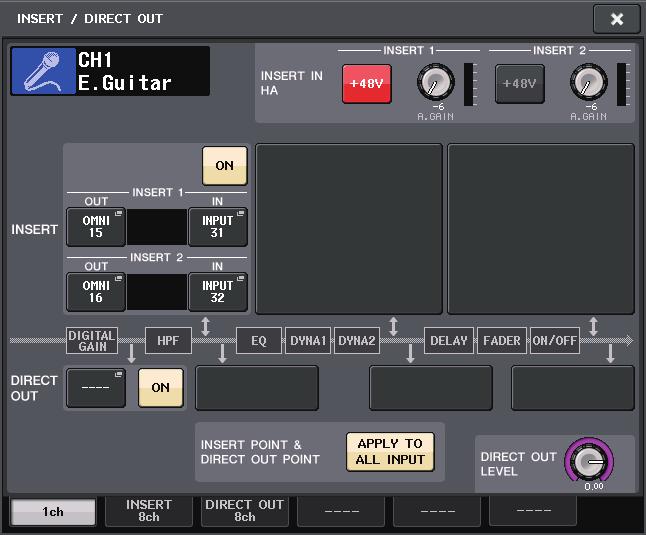 Inserimento di un dispositivo esterno in un canale Finestra INSERT/DIRECT OUT (1ch) 3 6 7 6 7 9 9 8 È possibile inserire un processore di effetti o un altro dispositivo esterno nel percorso del