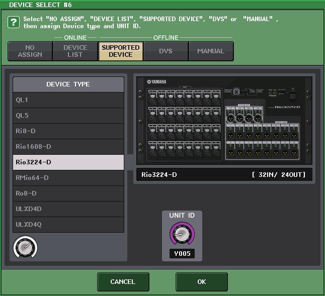 Selezione del metodo di configurazione con il pulsante SUPPORTED DEVICE (DISPOSITIVO SUPPORTATO) Se si desidera selezionare e montare un dispositivo I/O supportato dalla serie QL, premere il pulsante