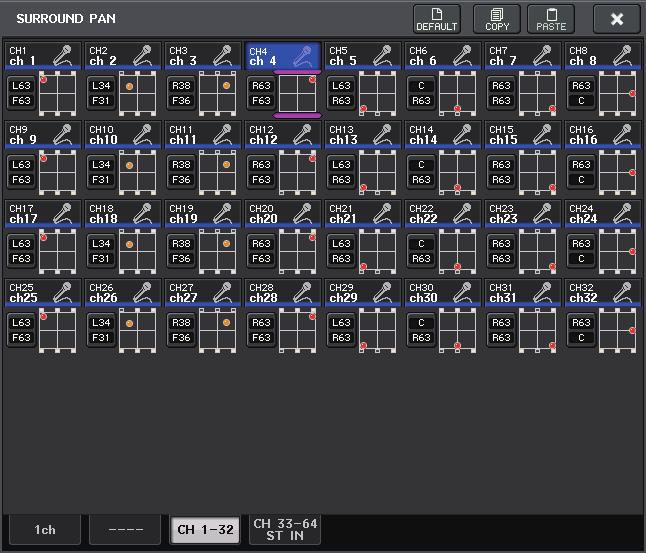 Canali di ingresso Schermata SURROUND PAN (1-32, 33-64/ST IN(QL5), ST IN (QL1)) Se si imposta un bus sulla modalità Surround in BUS SETUP, la schermata SURROUND PAN (1-32, 33-64/ST IN(QL5), ST IN