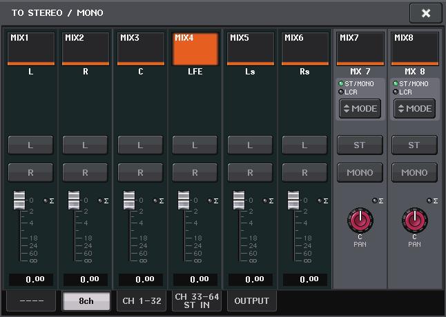 Canali di ingresso Schermata TO STEREO/MONO Se si imposta un bus sulla modalità Surround in BUS SETUP, la schermata TO STEREO/ MONO 8CH per MIX 1-8 avrà l'aspetto illustrato di seguito.