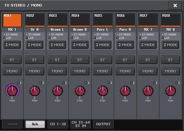 Canali OUTPUT Invio dei segnali dai canali MIX al bus STEREO/MONO Sono disponibili due modalità di invio dei segnali ai bus STEREO o MONO: modalità ST/MONO e modalità LCR.