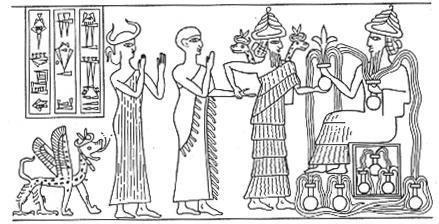 Fig. 7 - Sigillo personale di Gudea ensi di Lagaš (sinistra) e sigillo paleo-accadico da Ur, ora all'iraq Museum (destra) Tutti gli esseri della famiglia o cerchia di Enki/Ea condividono questo
