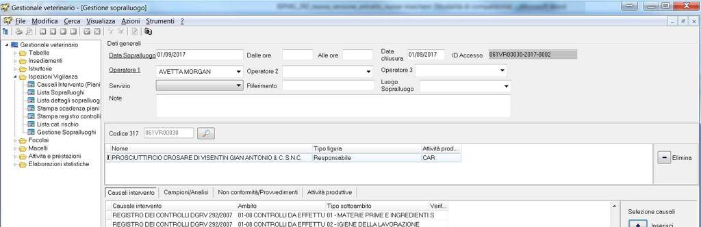 Sezione Sopralluogo (funzione chiusura più verifica) La procedura proporrà in automatico un nuovo sopralluogo registrato riportando esclusivamente il piano, la causale e l ambito riferito alla non