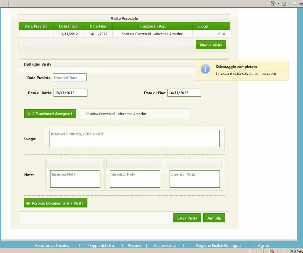 Il sistema conferma che la visita è stata inserita.