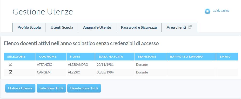 E' possibile selezionare singoli utenti o elaborarli insieme (ad esclusione di quelli già elaborati, che non saranno selezionabili) ELABORA UTENZE Con la creazione delle nuove utenze, il sistema