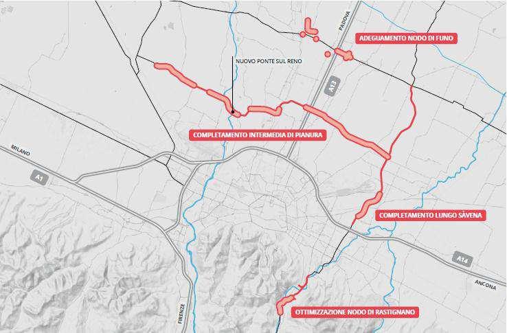 Opere stradali in previsione POTENZIAMENTO IN SEDE AUTOSTRADA potenziamento nodo di Bologna: 13.2 Km 4 corsia A14: 32.