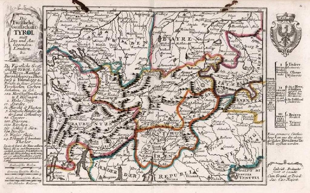 11 La carta Die Fürstliche Grafschaft Tyrol ( La Contea Principesca del Tirolo ), di Gabriel Bodenehr, venne fatta nel 1716 e presenta i territori della contea e dei principati che formano insieme la