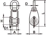 M8392 Bozzelli piatti semplici con occhiello girevole Puleggia acciaio inox e Bossola in Ottone A B C D D1 CAVO H