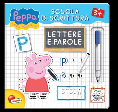 In compagnia della tenera famiglia Pig il bambino scrive lettere e parole in stampatello e corsivo, direttamente sulle pagine del libro, se sbaglia