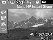 Per visualizzare il menu HP Instant Share, premere il pulsante HP Instant Share/Stampa /. Per informazioni sull uso di questo menu, vedere Uso del menu HP Instant Share apagina72.