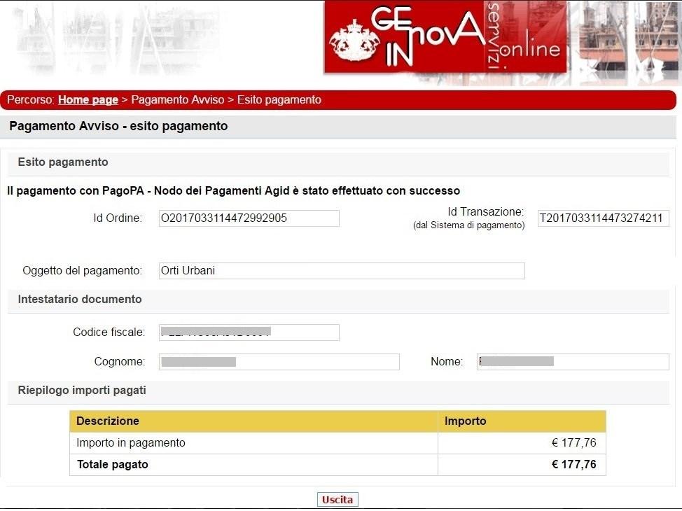 pagina di riepilogo del pagamento