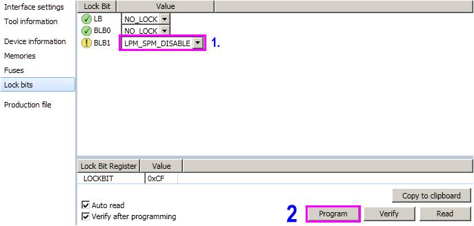 Ora, come opzione, potete impostare i "lock bits" in modo di proteggere