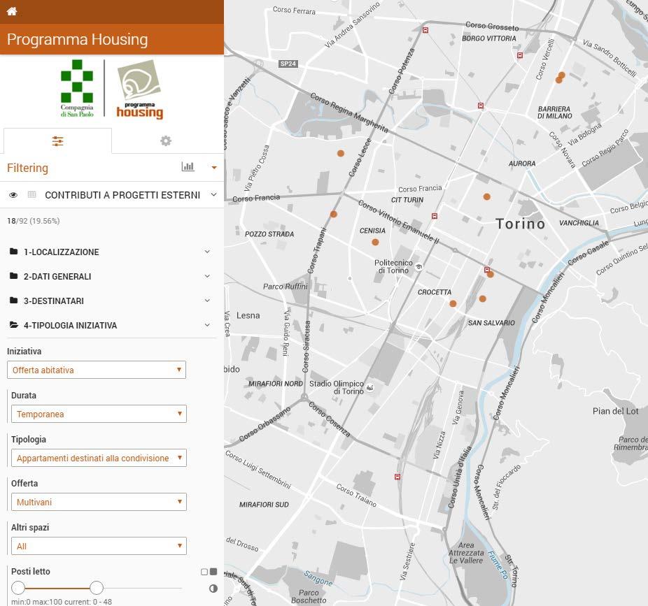 Selezionando «offerta abitativa» nel filtro Iniziativa ulteriori filtri vengono attivati.
