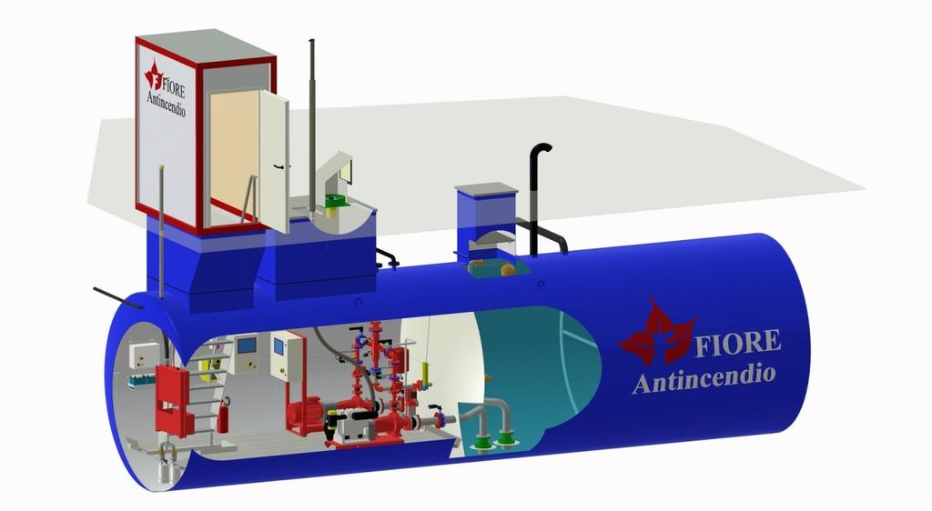 MODELLO: MONOBLOCK COVER Stazione di stoccaggio e pressurizzazione idrica per impianti antincendio da interro composto da riserva idrica vano tecnico con installato gruppo di pressurizzazione