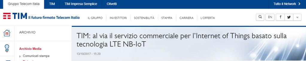 operatore in Italia, il servizio commerciale IoT basato sulla tecnologia LTE, grazie alla diffusione della tecnologia Narrowband Si tratta di un nuovo importante traguardo, dopo quello raggiunto lo