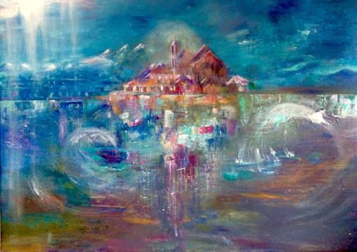 Questo quadro fa parte di una serie sul tema: Atlantide, la città della guarigione. Prima di dipingere, ripeto il Messaggio di Gurumayi.