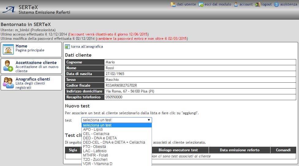 Il sistema chiederà conferma prima di salvare. Il test sarà salvato e messo in attesa di refertazione. N.B.